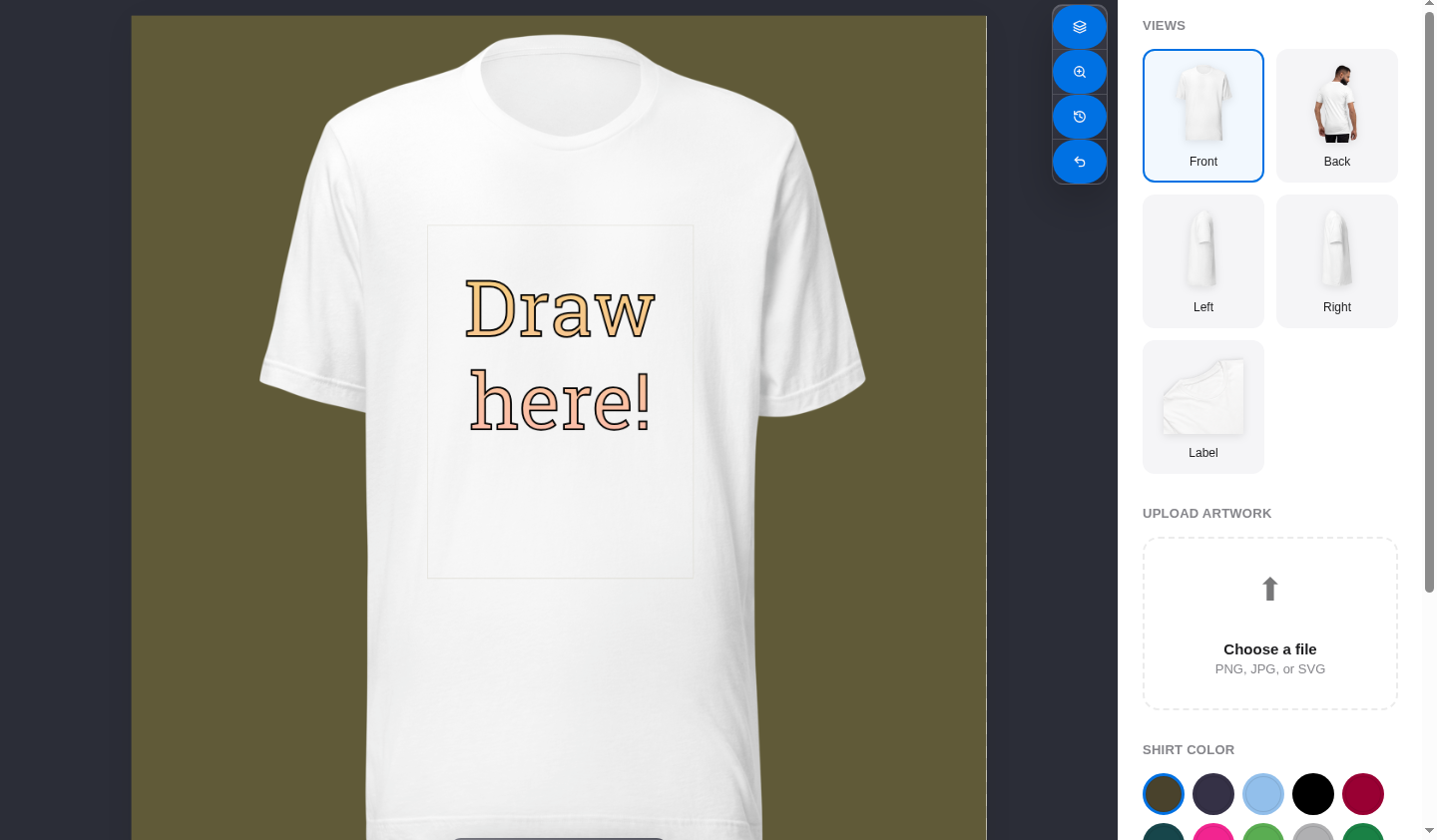 PikaPressGo product editor with a SketchAPI drawing surface on a shirt design